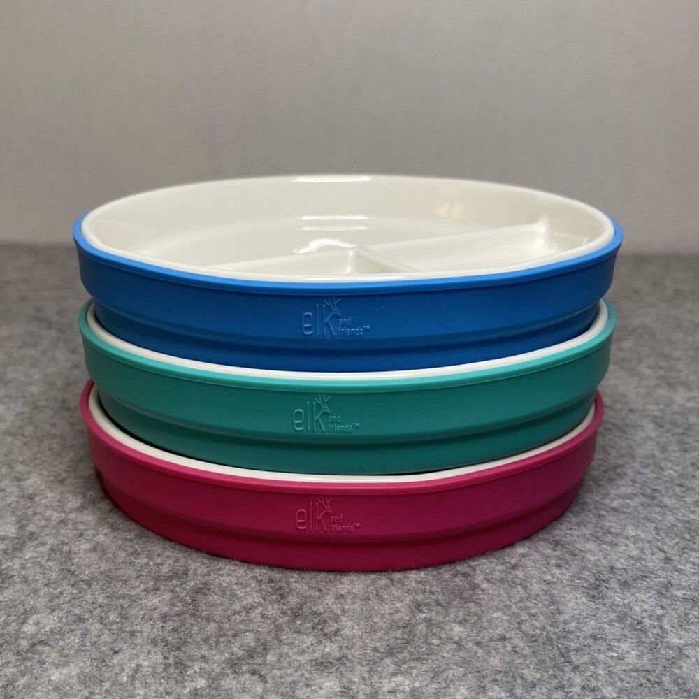 NEW Elk & Friends Porcelain Divided Plates Silicone Sleeves [SET OF 3] size 6.7”